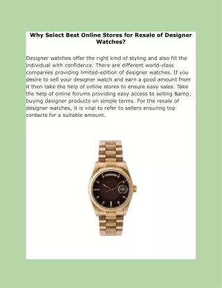 Why Select Best Online Stores for Resale of Designer Watches