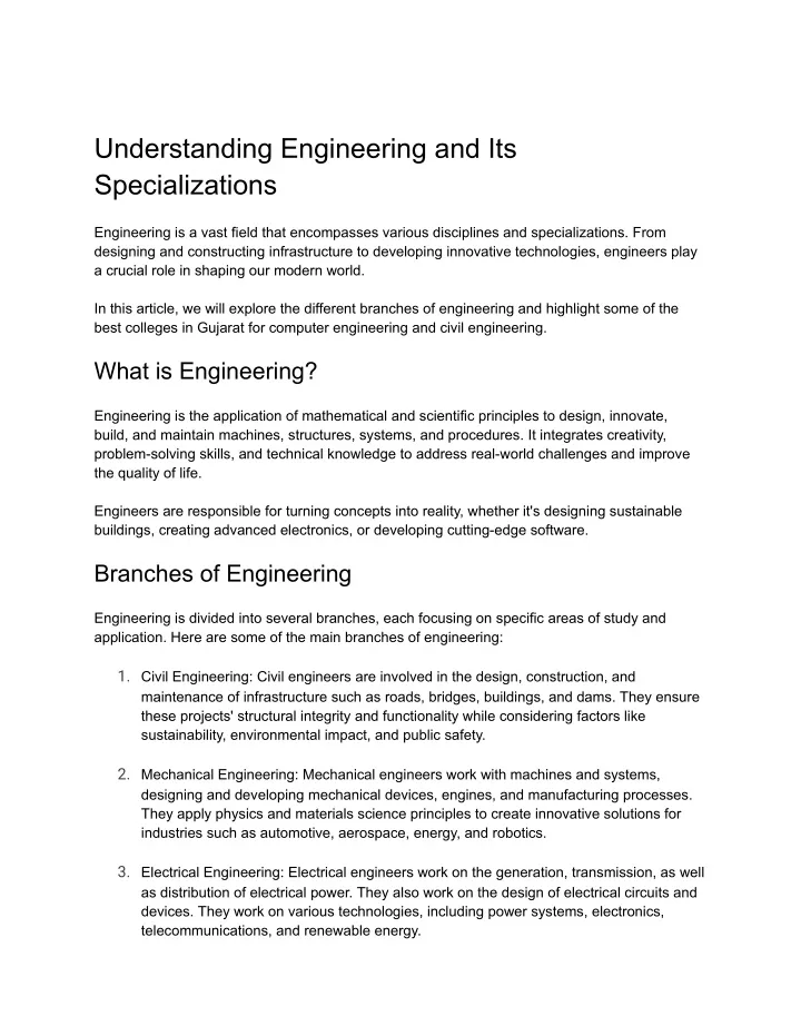 understanding engineering and its specializations