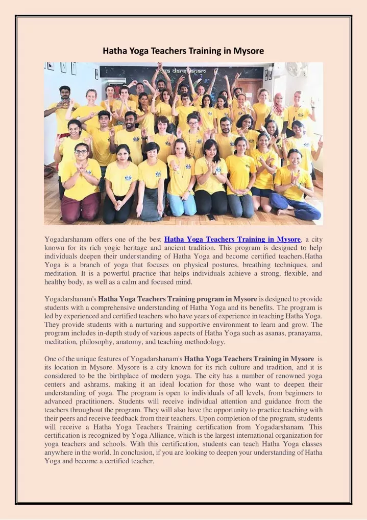 hatha yoga teachers training in mysore