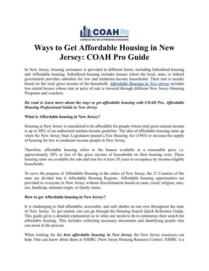 ways to get affordable housing in new jersey coah