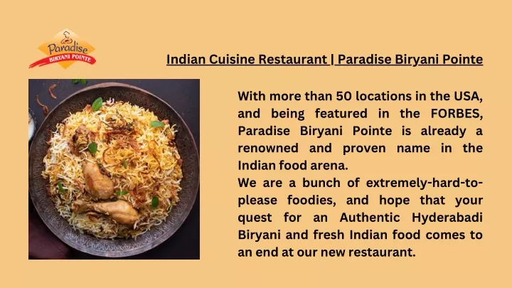 indian cuisine restaurant paradise biryani pointe