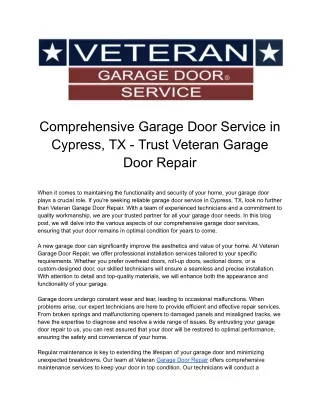 Comprehensive Garage Door Service in Cypress, TX - Trust Veteran Garage Door Repair