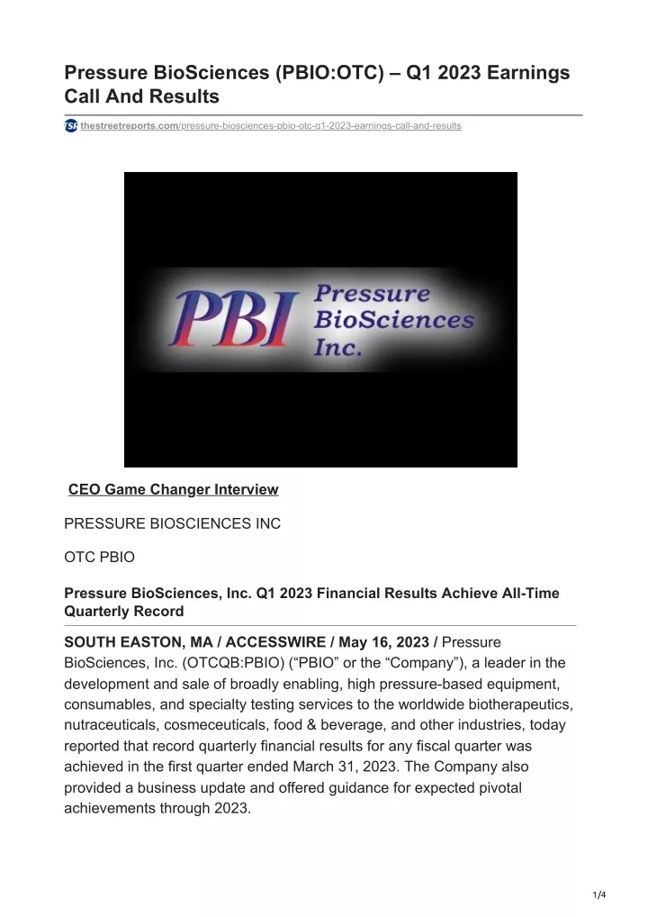 pressure biosciences pbio otc q1 2023 earnings