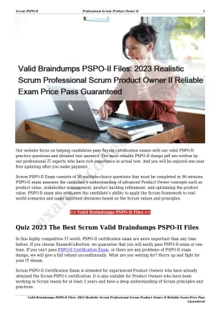 Valid Braindumps PSPO-II Files: 2023 Realistic Scrum Professional Scrum Product Owner II Reliable Exam Price Pass Guaran