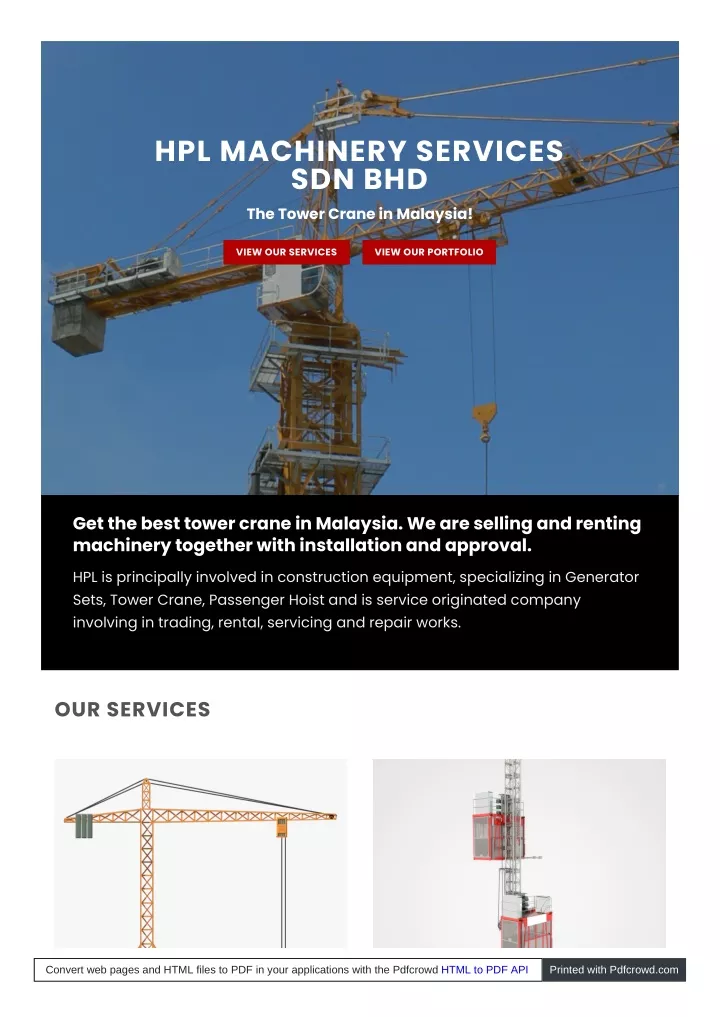 hpl machinery services sdn bhd the tower crane
