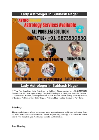 Lady Astrologer in Subhash Nagar  91-9873530830