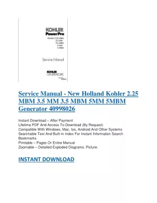 Service Manual - New Holland Kohler 2.25 MBM 3.5 MM 3.5 MBM 5MM 5MBM Generator 40998026