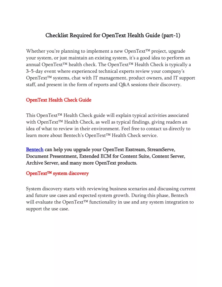 checklist required for opentext health guide part