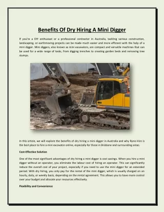 Benefits Of Dry Hiring A Mini Digger