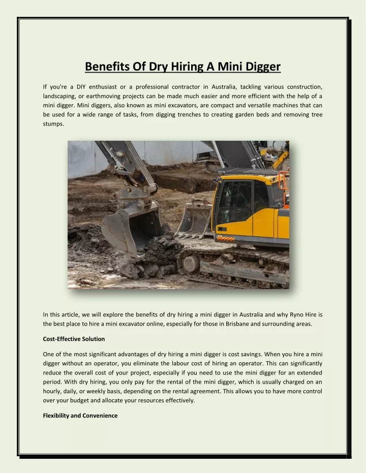 benefits of dry hiring a mini digger