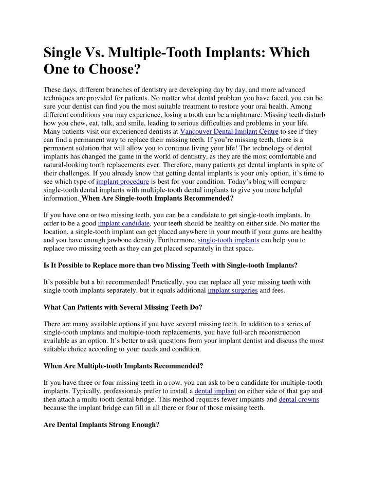single vs multiple tooth implants which
