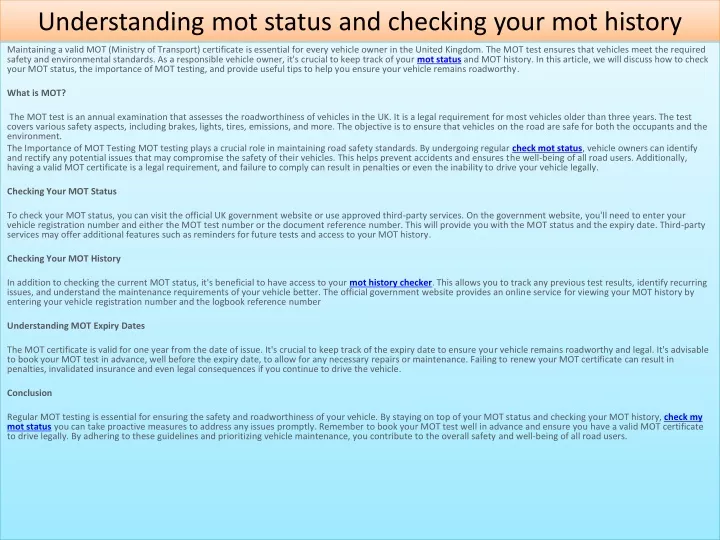 understanding mot status and checking your mot history