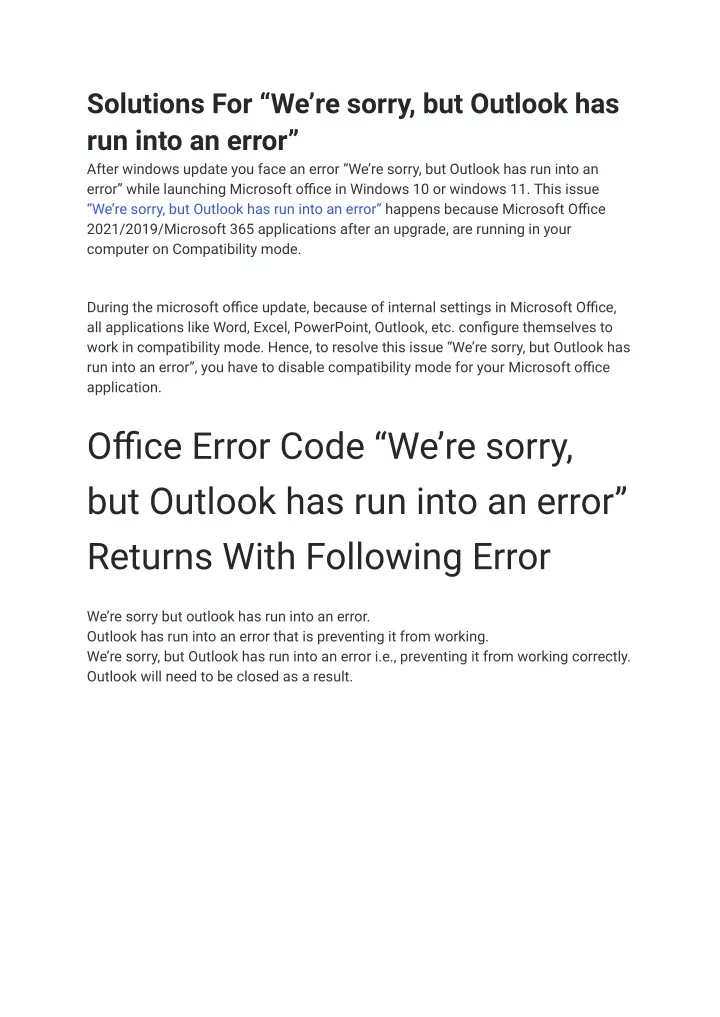 solutions for we re sorry but outlook