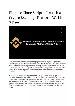 Binance Clone Script  -  Launch a Crypto Exchange Platform Within 7 Days