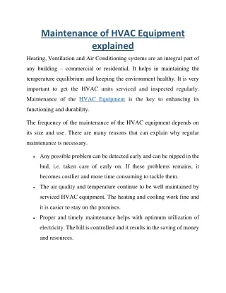 Maintenance of HVAC Equipment explained