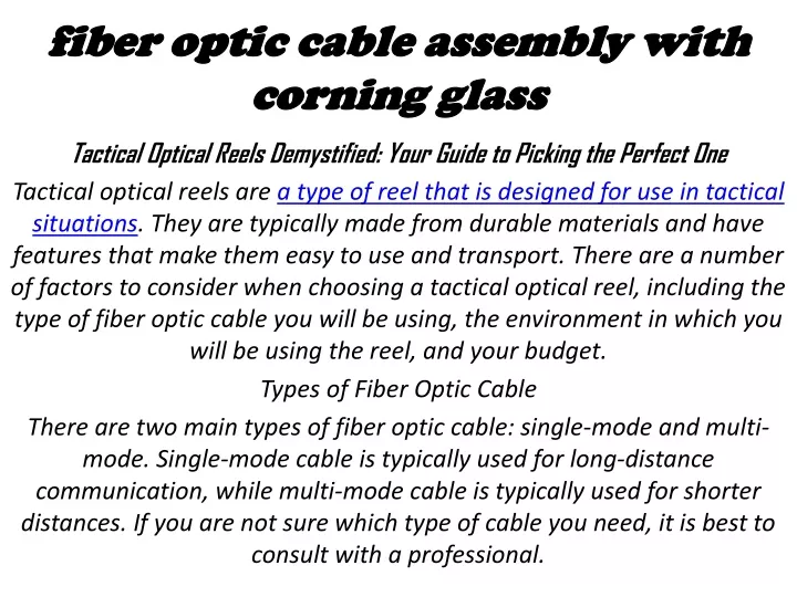fiber optic cable assembly with corning glass