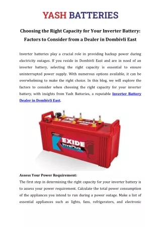 Choosing the Right Capacity for Your Inverter Battery Factors to Consider from a Dealer in Dombivli East