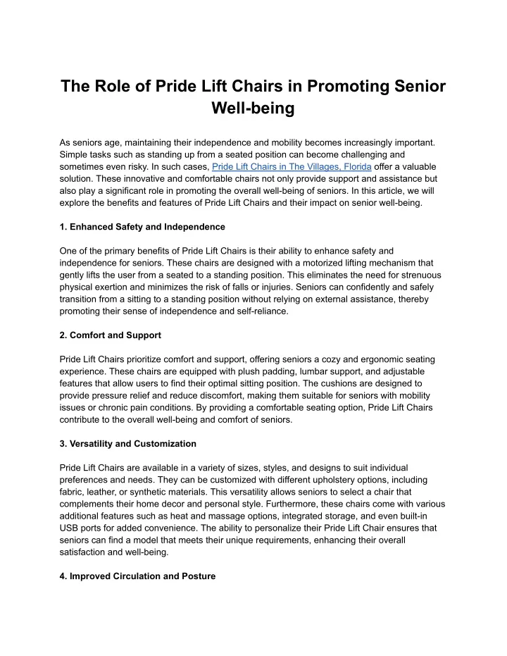 the role of pride lift chairs in promoting senior