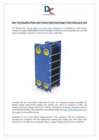 Get Top Quality Plate and Frame Heat Exchanger from Discount Coil