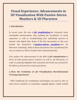 Visual Experience Advancements in 3D Visualization With Passive-Stereo Monitors & 3D Pluraview