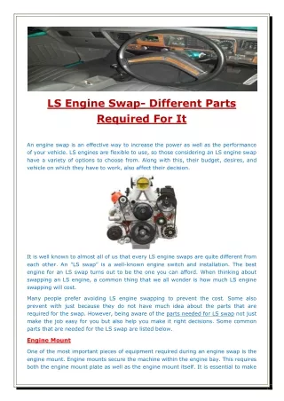 LS Engine Swap- Different Parts Required For It