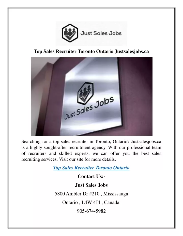 top sales recruiter toronto ontario justsalesjobs