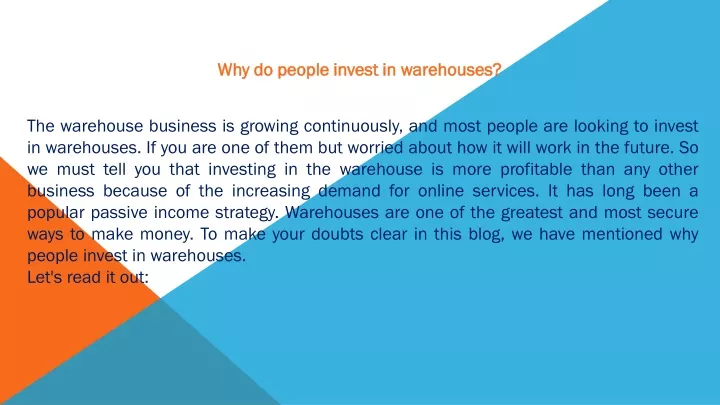 why do people invest in warehouses