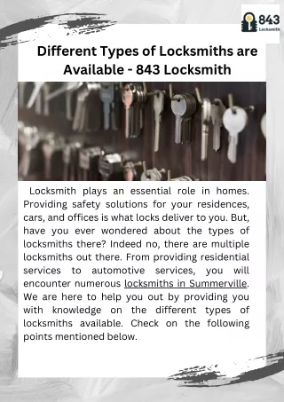 Different Types of Locksmiths are Available - 843 Locksmith