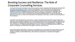 Boosting Success and Resilience: The Role of Corporate Counselling Services