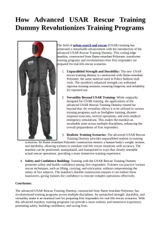 How Advanced USAR Rescue Training Dummy Revolutionizes Training Programs