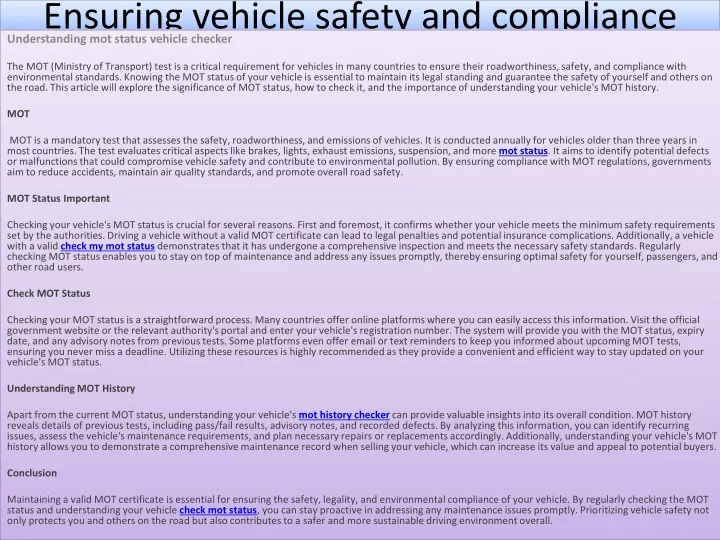 ensuring vehicle safety and compliance