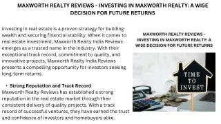 MAXWORTH REALTY REVIEWS - INVESTING IN MAXWORTH REALTY A WISE DECISION FOR FUTURE RETURNS