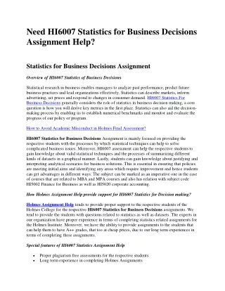 Need HI6007 Statistics for Business Decisions Assignment Help