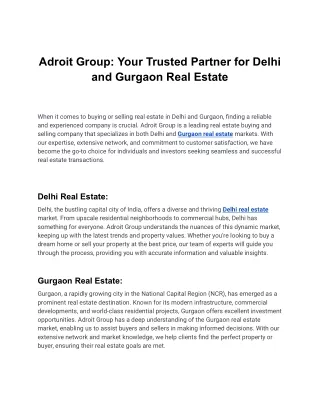 Adroit Group- Your Trusted Partner for Delhi and Gurgaon Real Estate