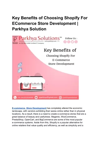 Key Benefits of Choosing Shopify For ECommerce Store Development - Parkhya Solution