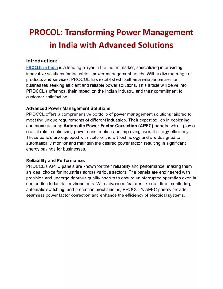 procol transforming power management in india