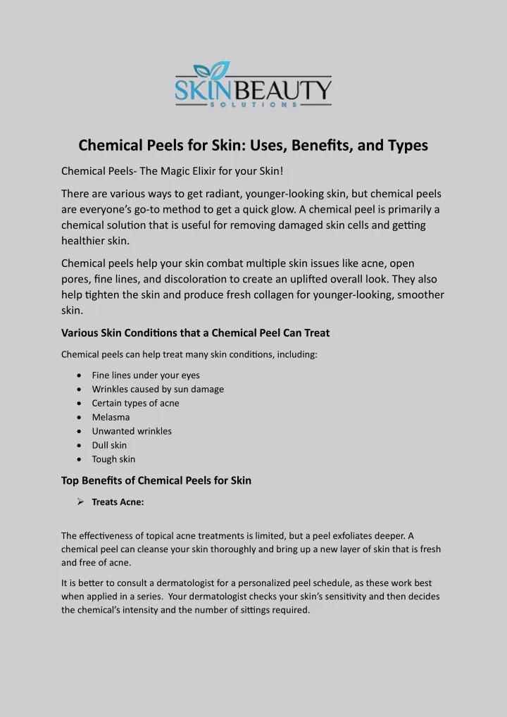 chemical peels for skin uses benefits and types