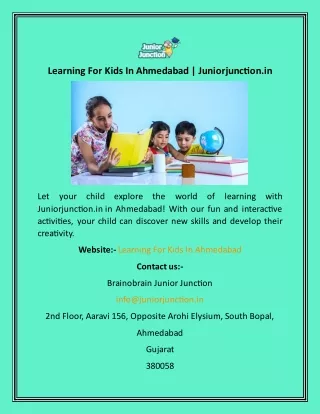 Learning For Kids In Ahmedabad  Juniorjunction.in