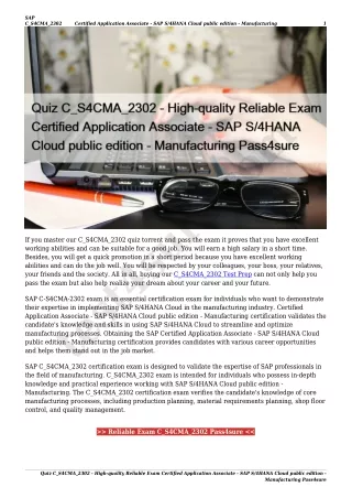 Quiz C_S4CMA_2302 - High-quality Reliable Exam Certified Application Associate - SAP S/4HANA Cloud public edition - Manu