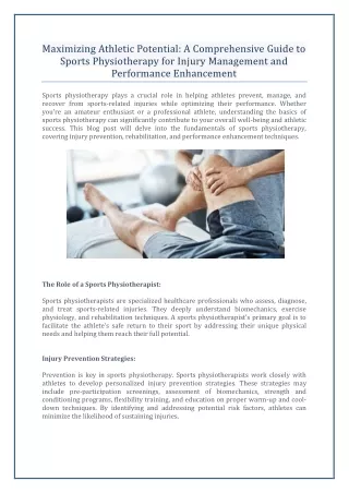 Maximizing Athletic Potential A Comprehensive Guide to Sports Physiotherapy for Injury Management and Performance Enhanc
