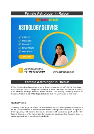 Female Astrologer in Raipur  91-9873530830