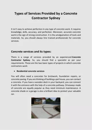 Types of Services Provided by a Concrete  Contractor Sydney
