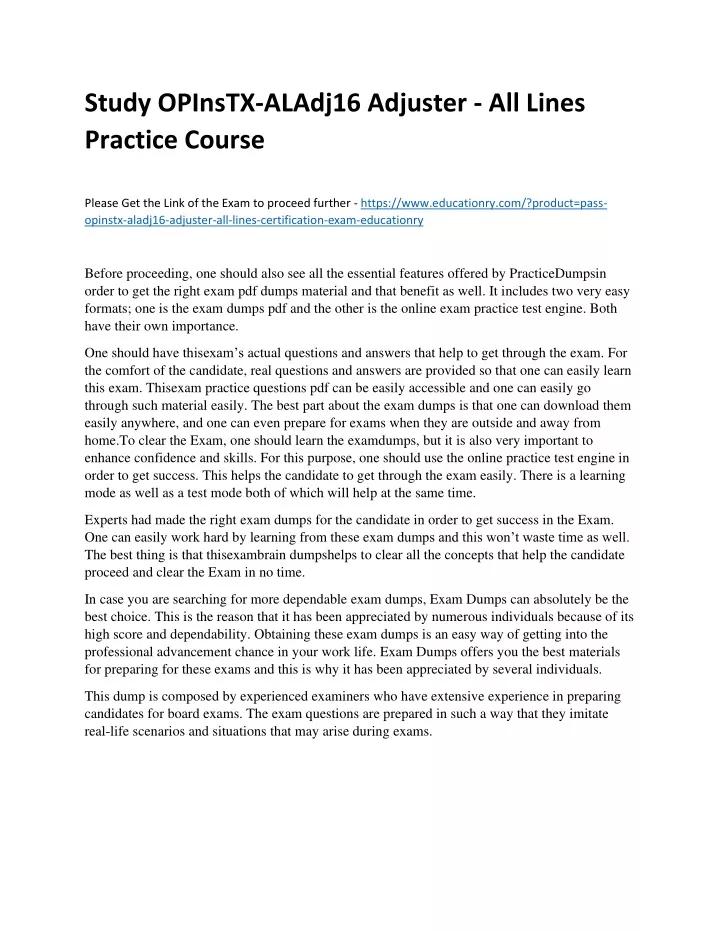 study opinstx aladj16 adjuster all lines practice