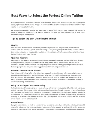 Best Ways to Select the Perfect Online Tuition