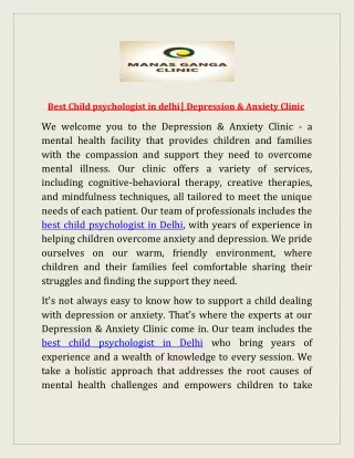 Best Child psychologist in delhi| Depression & Anxiety Clinic