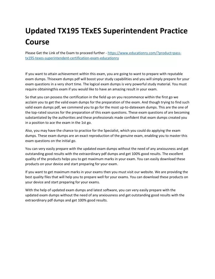 updated tx195 texes superintendent practice course