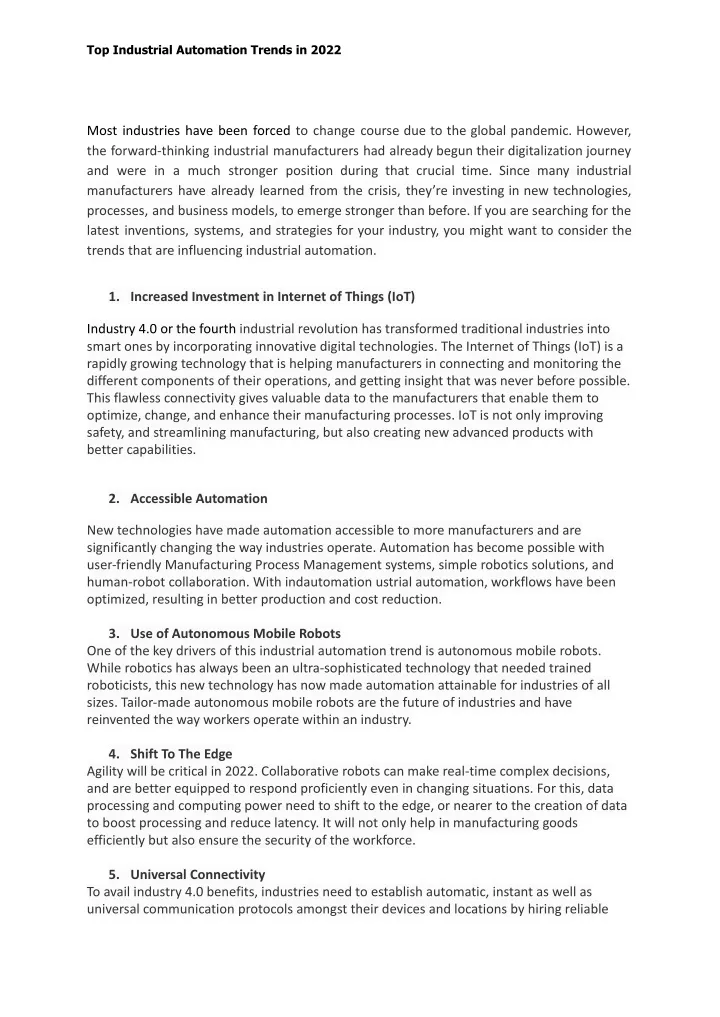 top industrial automation trends in 2022