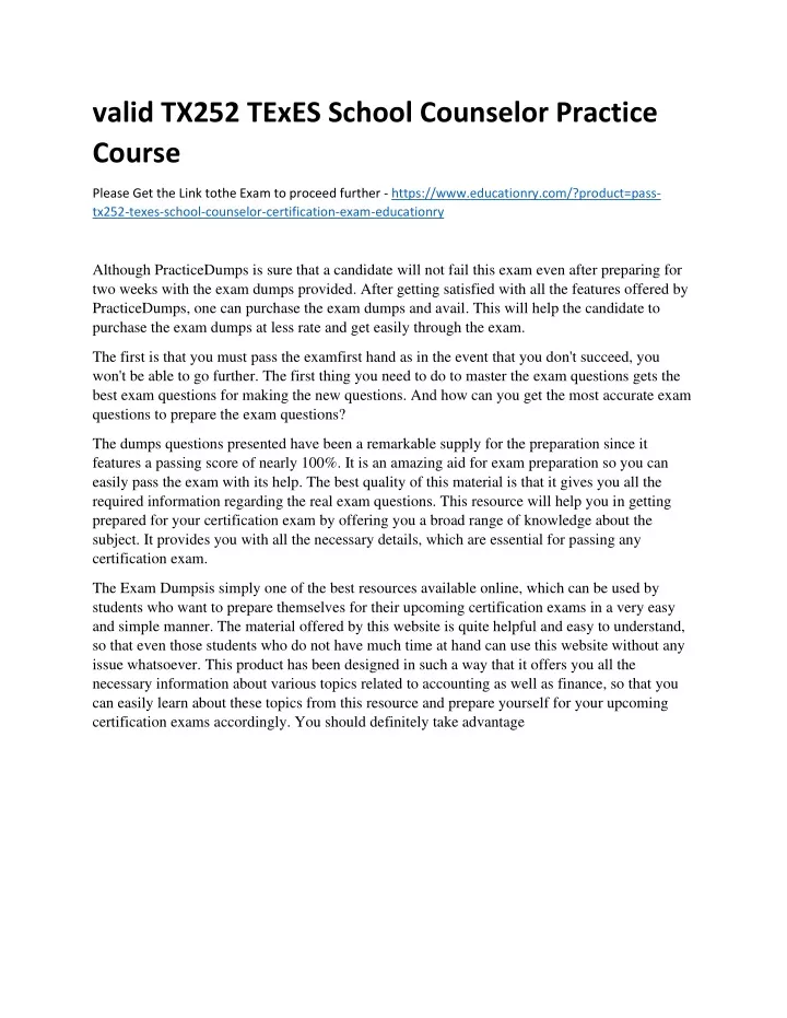 valid tx252 texes school counselor practice course