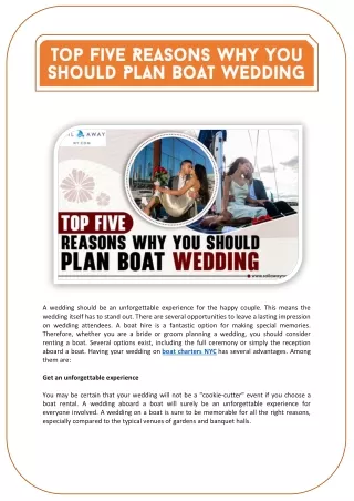 Top Five Reasons Why You Should Plan Boat Wedding