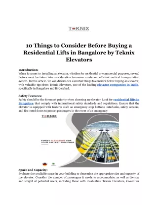 10 Things to Consider Before Buying an Residential Lifts in Bangalore  by Teknix Elevators